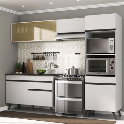 Armário De Cozinha Compacta 252cm Veneza Multimóveis V3692 Branco/preto Branco/preto