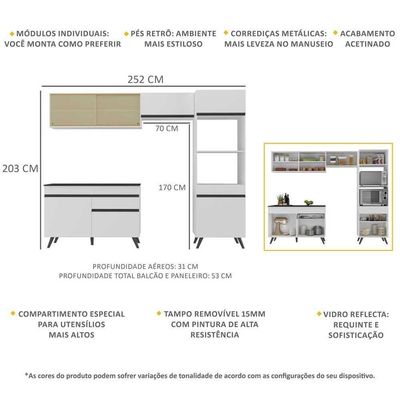 Armário De Cozinha Compacta 252cm Veneza Multimóveis V3692 Branco/preto Branco/preto