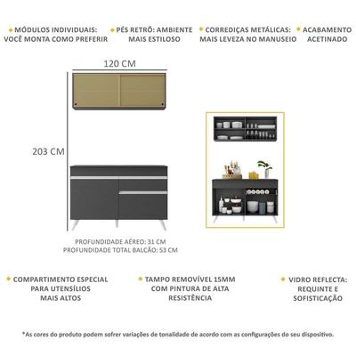 Armário De Cozinha Compacta 120cm Veneza Multimóveis V3688 Preto/branco Preto/branco