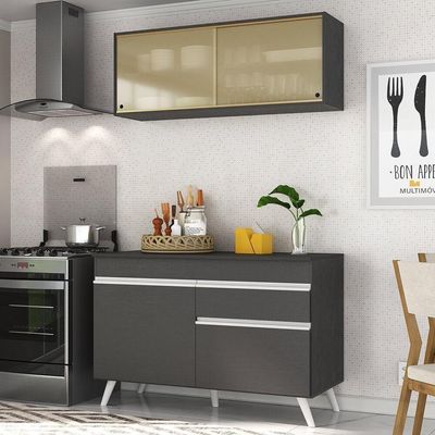 Armário De Cozinha Compacta 120cm Veneza Multimóveis V3688 Preto/branco Preto/branco