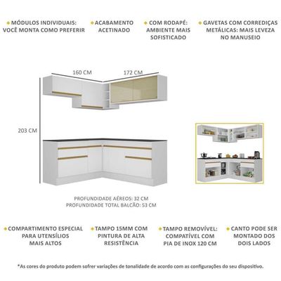 Armário De Cozinha Completa De Canto V2097 Branco/dourado