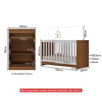 Berço 3 Em 1 Para Colchão 130 X 60cm Com Cômoda 3 Gavetas Doce De Leite Multimóveis Mp4239 Madeirado/branco Madeirado/branco