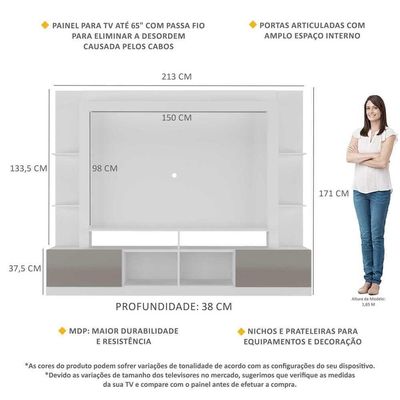 Rack Estante+Painel Tv 65" E Catar Br3395 Branco/lacca Fumê