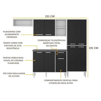 Cozinha Compacta Xangai 9 Portas Multimóveis Branco preto