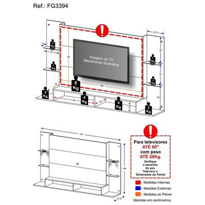 Painel Com 2 Leds Para Tv Até 60´´ Vegas Fg3394 Preto