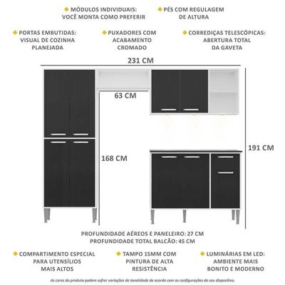 Cozinha Compacta Multimóveis XangaiFg3415 3Leds Branca/preta