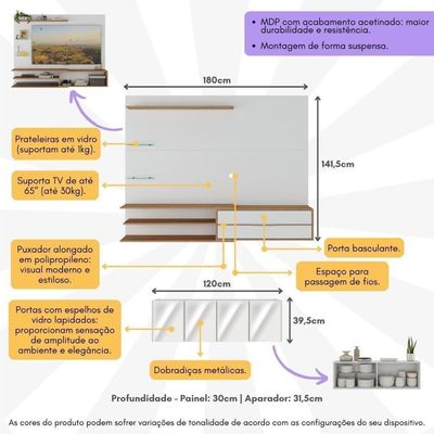 Painel Para Tv Até 65 Polegadas Com Aparador 4 Portas Com Espelho Mp1088 Rustic-branco Rustic-branco