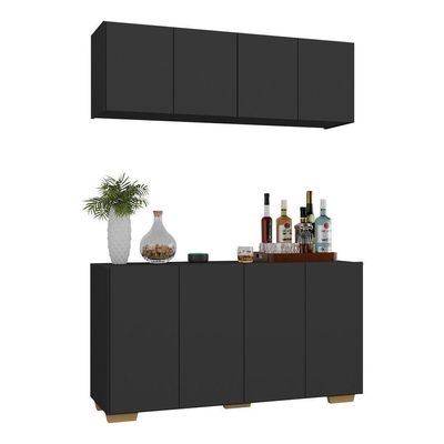 Kit Bar Armário Aéreo E Aparador 4 Portas Multimóveis Mp1087 Preto/natural Preto/natural