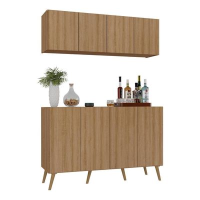 Kit Bar Armário Aéreo Aparador 4 Portas Retrô Mp1086 Rustic/natural
