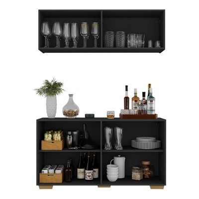 Kit Bar Armário Aéreo E Aparador 4 Portas Multimóveis Mp1087 Preto/natural Preto/natural