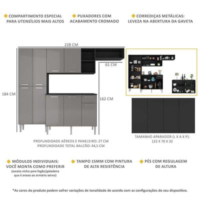 Cozinha Completa C/ Aparador Multimóveis Preta/lacca Fumê
