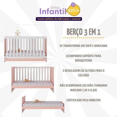 Berço 3 Em 1 Para Colchão 130 X 60cm Doce De Leite Multimóveis Mp0527r Rosa