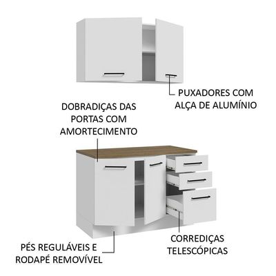 Kit Balcão E Armário Aéreo Multiuso 120cm Branco/rustic