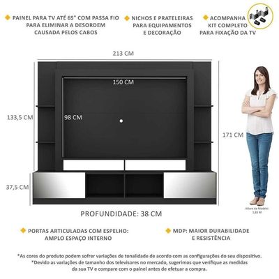 Rack com Painel Suporte Tv 65´´ com Espelho Preto