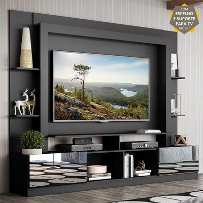 Rack com Painel Suporte Tv 65´´ com Espelho Preto