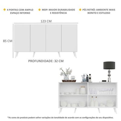 Aparador Buffet 4 Portas com Pés Retrô Branco