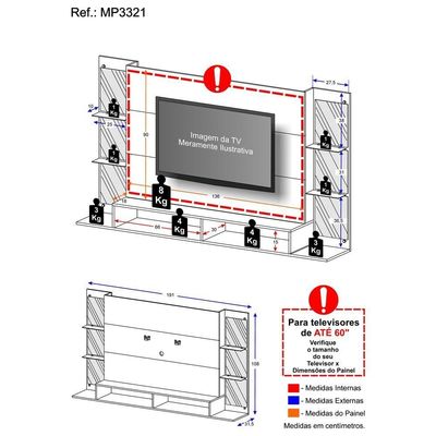 Painel Tv até 60" com Suporte Espelho Prateleira Multimóveis