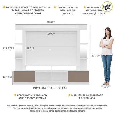 Rack com Painel Suporte Tv 65´´com Espelho Branco/Laca Fumê