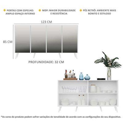 Aparador Buffet 4 Portas com Espelho e Pés Retrô Branco