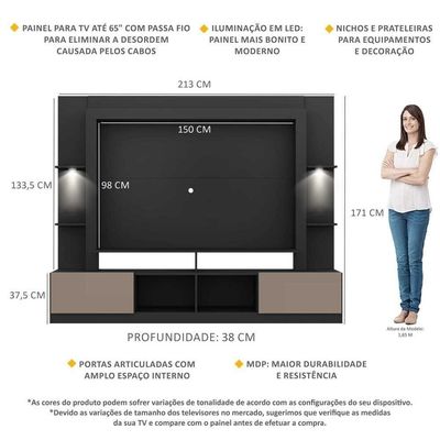 Rack Estante Tv 65´´ Leds Preto /Laca Fumê