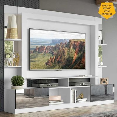 Rack Estante com Painel Tv 65 e Espelho Oslo Branco e Preto