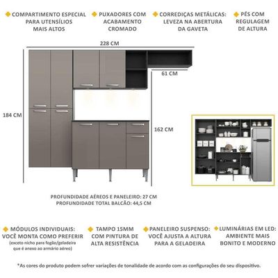 Cozinha Compacta C/ 3 Leds Armário Balcão Tampo Pequim Sun