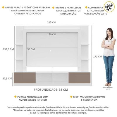 Rack Estante Painel Suporte Tv 65´´ Branco/Laca Fumê