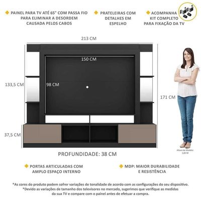 Rack C/ Painel Suporte Tv 65´´ C/ Espelho Preto/Laca Fumê