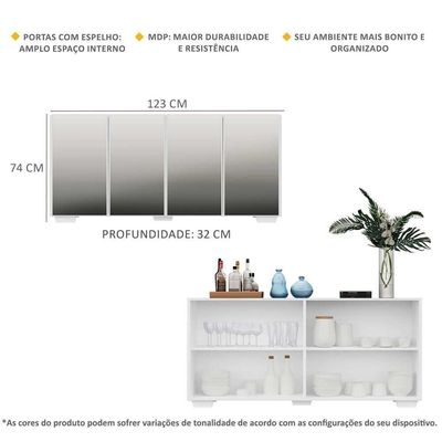 Aparador Buffet 4 Ptas C/ Espelho e Pés Quadrados Branco