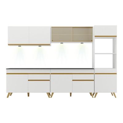 Armário De Cozinha Compacta 302cm Com Leds Veneza Up Multimóveis V2014 Branco/dourado Branco/dourado