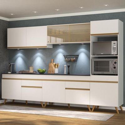 Armário De Cozinha Compacta 302cm Com Leds Veneza Up Multimóveis V2014 Branco/dourado Branco/dourado