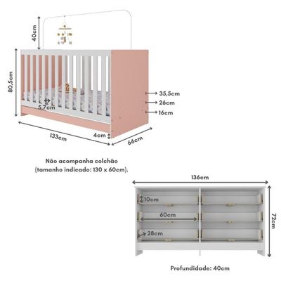 Berço 3 Em 1 Para Colchão 130 X 60cm Com Cômoda Doce De Leite Multimóveis Branco Rosa