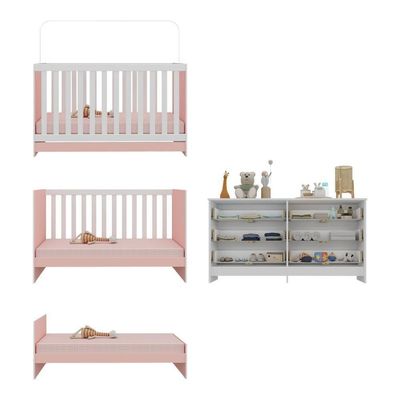 Berço 3 Em 1 Para Colchão 130 X 60cm Com Cômoda Doce De Leite Multimóveis Branco Rosa