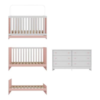 Berço 3 Em 1 Para Colchão 130 X 60cm Com Cômoda Doce De Leite Multimóveis Branco Rosa