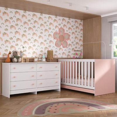Berço 3 Em 1 Para Colchão 130 X 60cm Com Cômoda Doce De Leite Multimóveis Branco Rosa