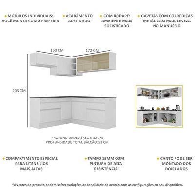Armário De Cozinha Completa De Canto Com Rodapé Veneza Multimóveis V2097 Branco Branco