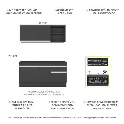 Armário De Cozinha Compacta 150cm Com Rodapé Veneza Multimóveis V2114 Preto/branco Preto/branco