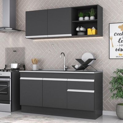 Armário De Cozinha Compacta 150cm Com Rodapé Veneza Multimóveis V2114 Preto/branco Preto/branco