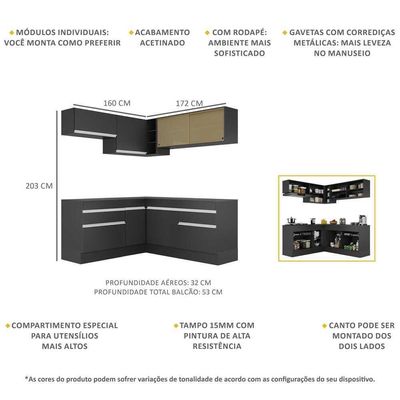Armário De Cozinha Completa De Canto Com Rodapé Veneza Multimóveis V2097 Preto/branco Preto/branco