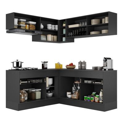 Armário De Cozinha Completa De Canto Com Rodapé Veneza Multimóveis V2097 Preto/branco Preto/branco