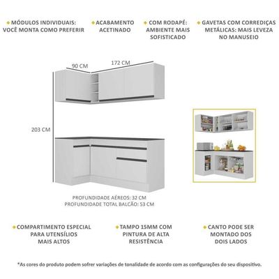 Armário De Cozinha Compacta De Canto Com Rodapé Veneza Multimóveis V2092 Branco/preto Branco/preto