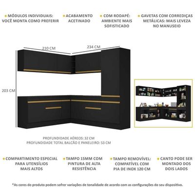 Armário De Cozinha Completa De Canto V2101 Preto/dourado