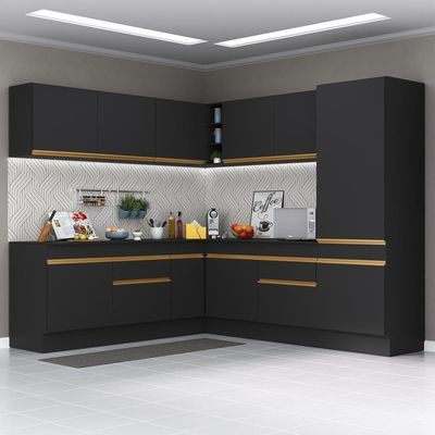 Armário De Cozinha Completa De Canto V2101 Preto/dourado