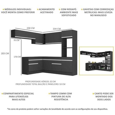 Armário Cozinha Completa Com Rodapé Multimóveis Preto/branco