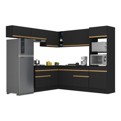 Armário De Cozinha Completa De Canto Com Rodapé Veneza Multimóveis V2105 Preto/dourado Preto/dourado