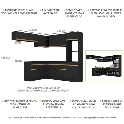Armário De Cozinha Completa De Canto Com Rodapé Veneza Multimóveis V2105 Preto/dourado Preto/dourado