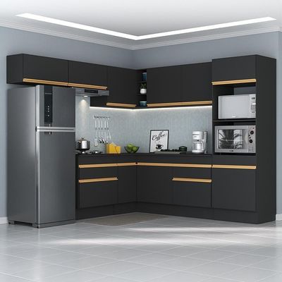 Armário De Cozinha Completa De Canto Com Rodapé Veneza Multimóveis V2105 Preto/dourado Preto/dourado