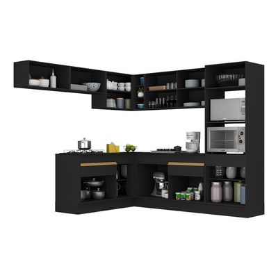 Armário De Cozinha Completa De Canto Com Rodapé Veneza Multimóveis V2105 Preto/dourado Preto/dourado