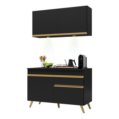 Armário De Cozinha Compacta 120cm Com Leds Veneza Up Multimóveis V2012 Preto/dourado Preto/dourado
