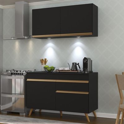 Armário De Cozinha Compacta 120cm Com Leds Veneza Up Multimóveis V2012 Preto/dourado Preto/dourado